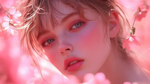 Digital portrait shows close-up face framed by pink flowers