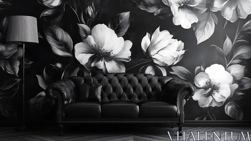 Monochrome leather sofa against oversized floral mural.