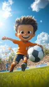 Joyful little soccer star racing across a sunny field.