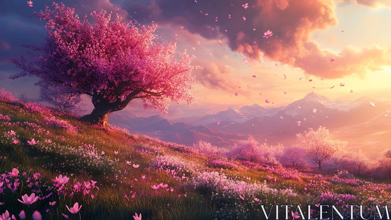 Spectral blossom hillside under volumetric sunset sky field.