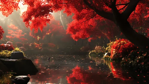 Red maple forest pond under soft sunlight in autumn.