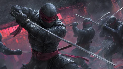 Midnight ninja clash in rain soaked crimson alleyway.