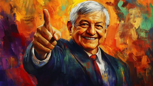 Radiant leader portrait blazing through molten color storm.