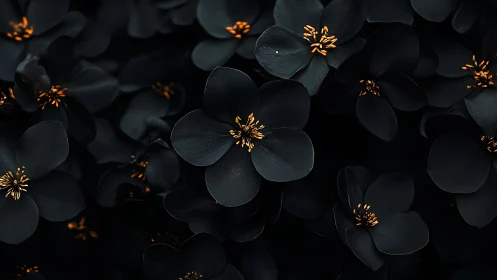 Black flowers with golden stamens against dark background