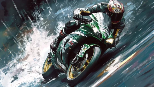 Motorcycle rider negotiates wet corner in stylized artwork