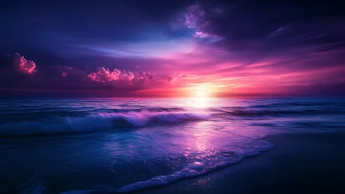 Vibrant magenta ocean sunset with high contrast atmospheric scattering