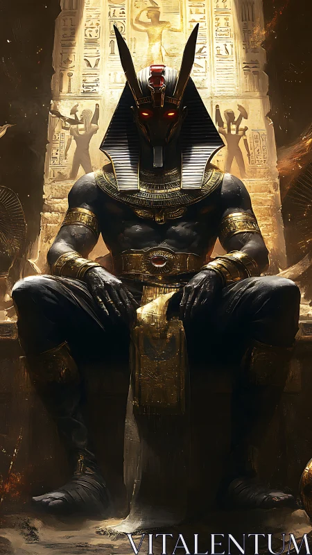 Anthropomorphic jackal pharaoh seated before lit relief wall