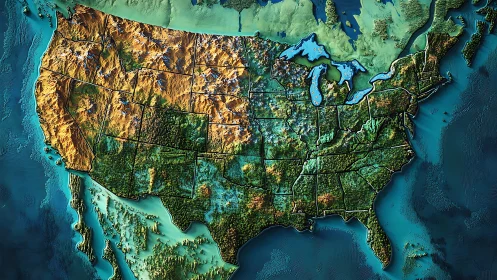 Topographic United States map glows like sculpted terrain