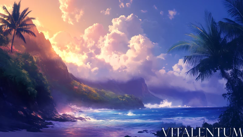 Tropical coastal cliffs at sunset with dramatic cloud formations