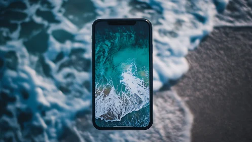 Smartphone screen aligns precisely with ocean surf perspective