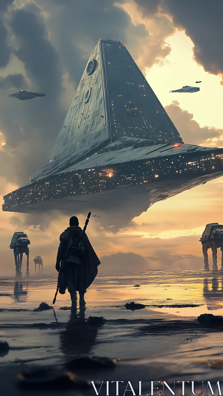 Solitary wanderer greets colossal pyramid star destroyer