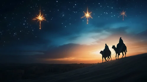 Three wise men ride camels beneath luminous desert stars