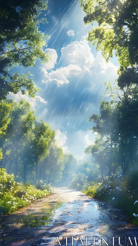 Canopied Forest Path with Rain-Streaked Sky and Water Reflections
