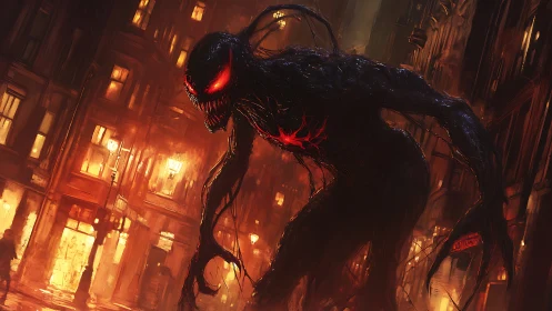 Nightmarish shadow creature stalks burning neon city street