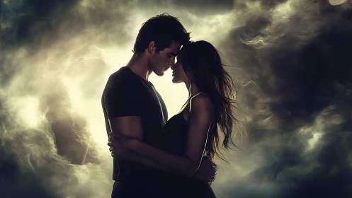 Silhouetted couple with dramatic golden-toned cloud backdrop