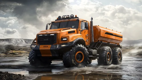 Armored orange 6x6 off-road tanker truck dominates wet terrain