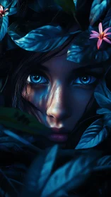 Female face framed by blue-toned foliage and flowers.