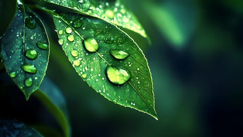 Rain-kissed emerald leaves glowing in deep forest hush.