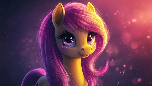 Digital portrait of stylized pony character in soft light.
