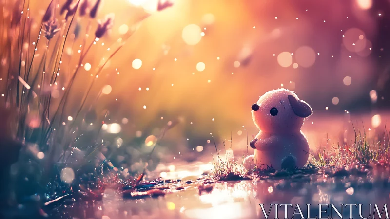 Toy dog sits on wet grass under warm glowing bokeh light