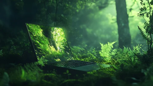 Laptop grown wild in emerald forest light dreamscape.