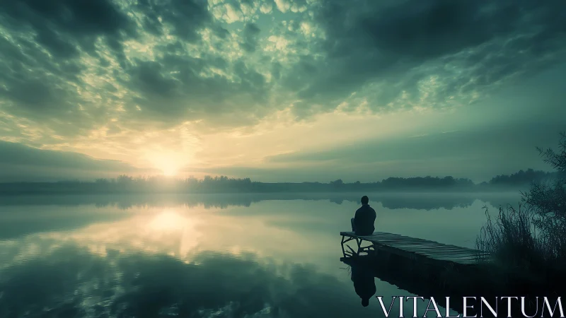 Solitary figure on misty lakeside jetty at ethereal sunrise