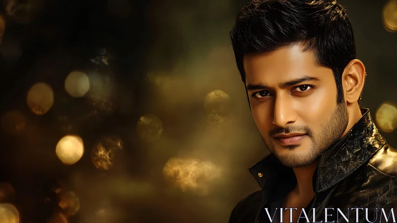 Confident man in warm golden light with a soft bokeh glow.