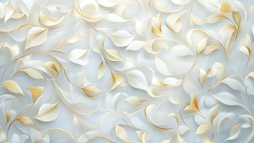 Light gold abstract leaves on soft white swirling background.