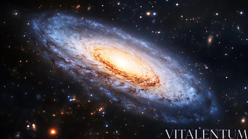 Luminous spiral galaxy swirling through deep space night.