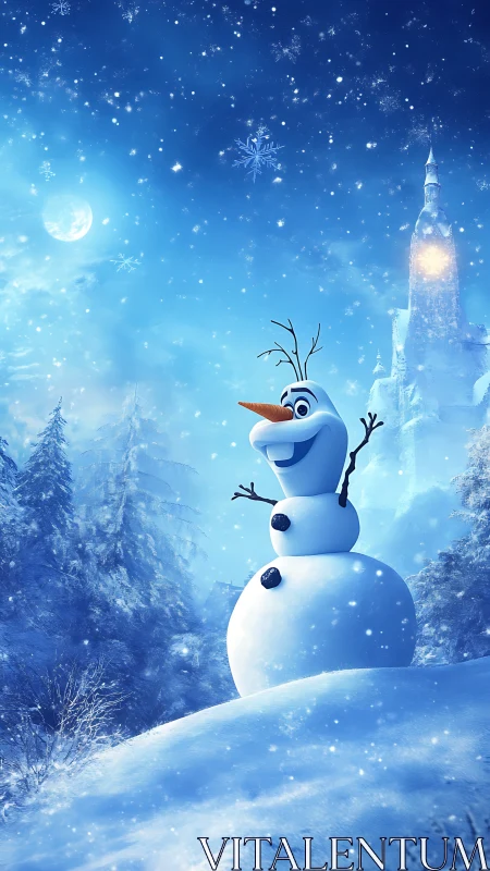 Cheerful cartoon snowman celebrates a magical winter night