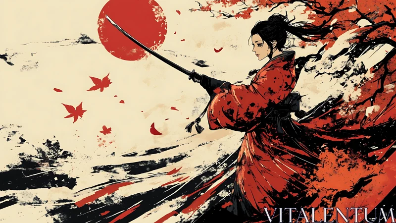Dynamic ink-style samurai portrait with red kimono motion vectors