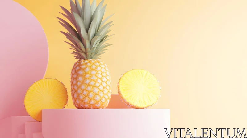 Fresh Pineapple Still Life on Pastel Pedestals, Modern Minimalist Style.