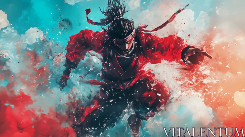 Storm-running warrior leaping through painted clouds.