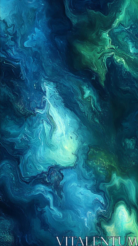 Swirling teal and navy currents suggest a luminous ocean depth