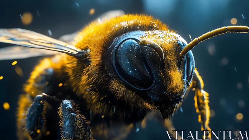 Golden close-up of a determined bee in shimmering light.