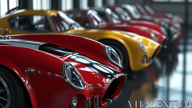 Chrome-slicked scarlet roadsters pose in showroom reverie.