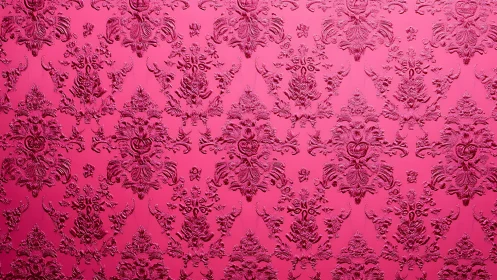 High-relief baroque damask pattern on glossy magenta wall