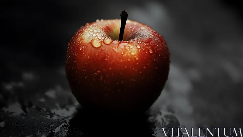 Macro study of water droplets on red apple under low-key lighting