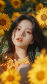 Photorealistic portrait amid sunflowers with warm bokeh field.