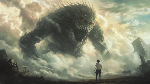 Human figure observes large cloud-like creature in ruins