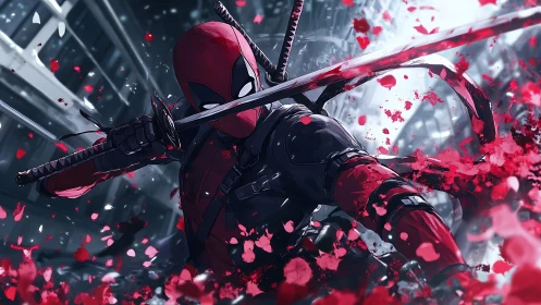 Red masked swordsman in urban battle with flying petals.