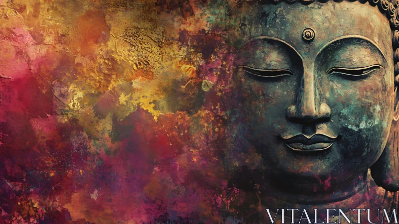 Buddha face merges with radiant abstract color field.