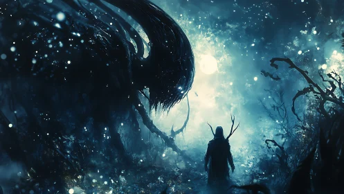 Moonlit confrontation with colossal shadow wraith in forest.