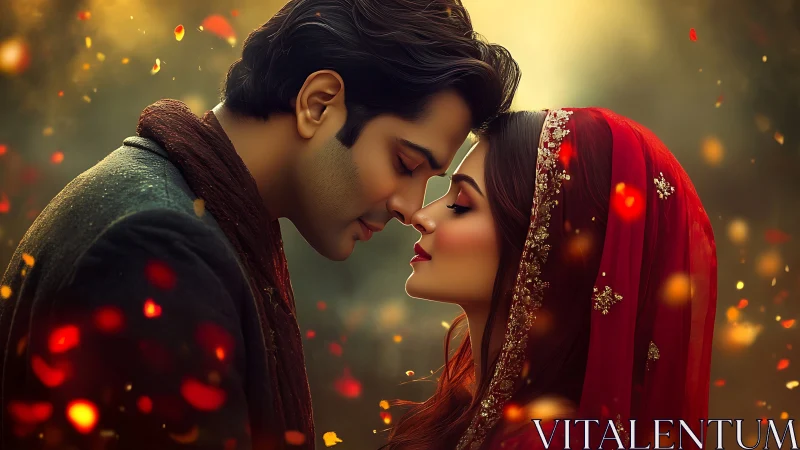 Romantic Portrait: South Asian Couple in Traditional Attire Against Luminous Backdrop.