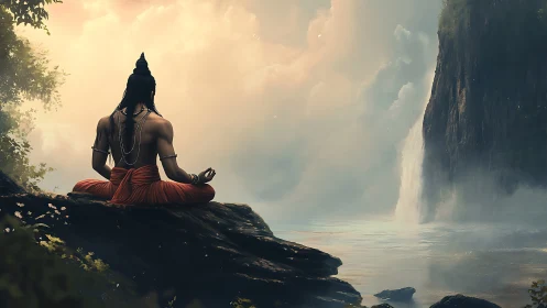 Meditating ascetic on cliff ledge before misty waterfall basin