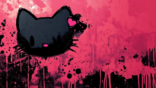 High-contrast black cat stencil over distressed pink spray background