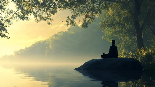 Lacustrine dawn meditation silhouette in volumetric fog field.