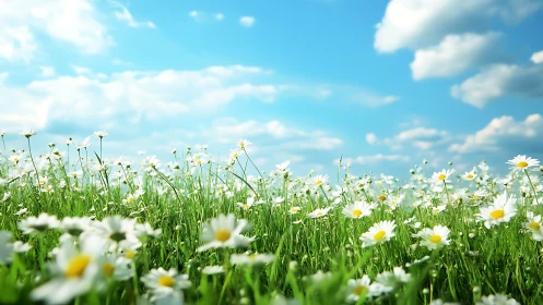 Spring meadow of white daisies under radiant blue sky.