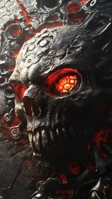 Molten biomech skull with glowing lava core and charred steel.