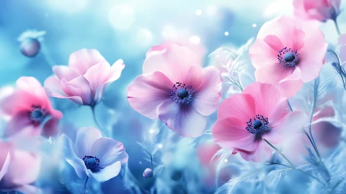 Delicate Pink Anemones Dancing in Dreamy Light.